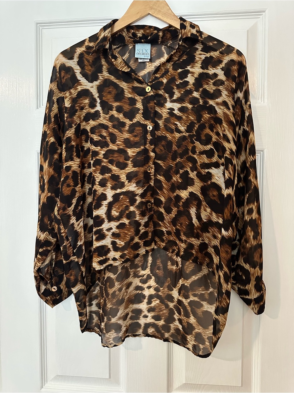 Leopard Print Sheer Button-Up High Low
Blouse- Six degrees